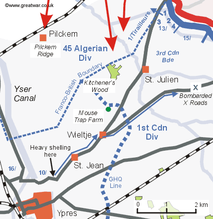 Map showing the 10th Canadian Battalion 
		moving forward from the Yser Canal basin area in the direction of St. Jan, Wieltje to Bombarded Cross Roads.