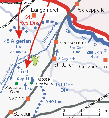 Map showing the locations of 14th Canadian Battalion companies.