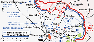Map showing the battalions of the British 27th and 28th Divisions preparing to defend the ground north-east of Ypres.