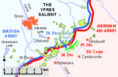 Ypres Salient map showing the sector south east of Ypres where the British 28th Division moved into the line in early April 1915.