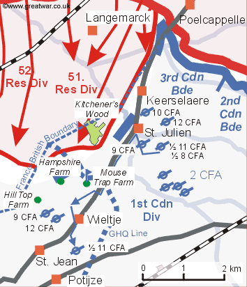 Map showing the location of the 3rd Canadian Field Artillery batteries east 
		and south of St. Julien which were ordered to move.