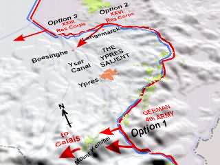 Ypres Salient map showing the 3 options for the German attack on the Ypres Salient in early 1915.