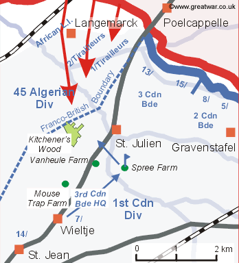Map showing the 7th Canadian Battalion moving forward from 2nd Brigade reserve.