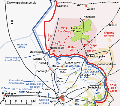 Map: The Allies notice German activity in the vicinity of Houthulst Forest and Poelcappelle.