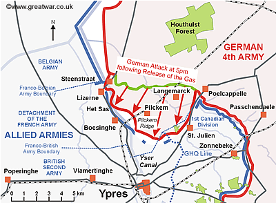 Map of the Ypres Salient to show the area of ground gained by the Germans by the end of the day on 22 April 1915.