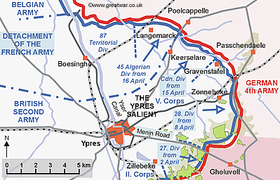 Ypres Salient map showing the British Army divisions moving into the line east of Ypres in April 1915.