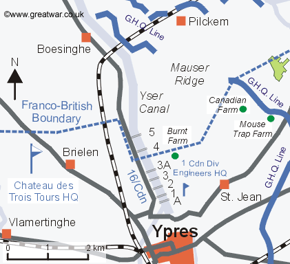 Map showing the location of the 1st Canadian Engineers HQ, near the canal north of Ypres.