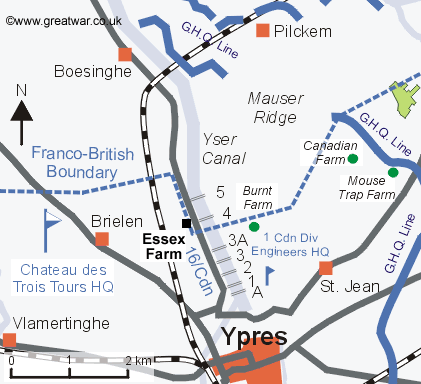 Map of the Yser Canal showing bridges A - 5 north of Ypres.