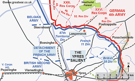 Map showing French and British sectors in the northern Ypres Salient.