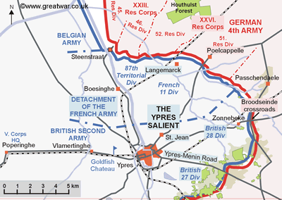 Map of the Ypres Salient showing British, French and German divisional positions.