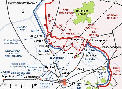 Map showing the extent of the German advance by 20.00 hours.