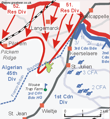 Map showing the extent of the German advance on the Canadian left flank.