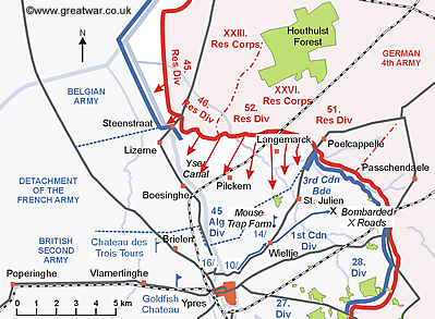Map showing the location of the 1st Canadian Division's two battalions (10th and 16th) in reserve north of Ypres.