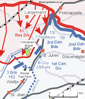 Map showing the French 1st Coy. Tirailleurs on the left flank of the 13th Canadian Battalion, attacked on the St. Julien-Poelcappelle road.