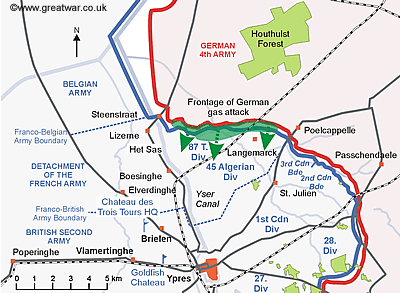 Map of the Ypres Salient to show the location of the 1st Canadian Division at 5pm on 22 April 1915.