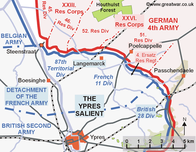 Map of the Ypres Salient showing the location where 
		the second German, Rapsahl, deserted from the 4 Ersatz Reserve Regiment.