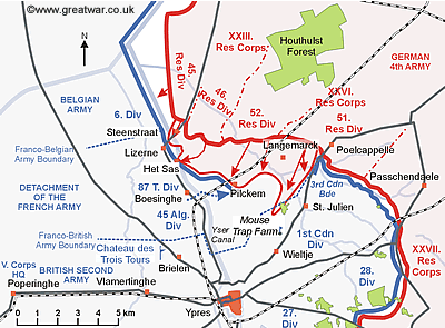 Map showing French counter-attack from Pilckem.