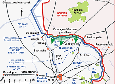 Map showing the direction of the gas cloud which 
		rolled across the French trench lines east of the Ypres/Yser canal.