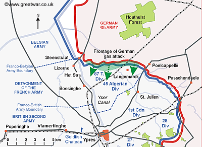 Map showing the direction of the gas cloud which
rolled across the French trench lines east of the Ypres/Yser canal.