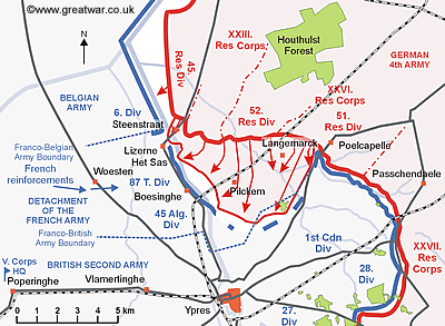 Map showing the French reserves moving from the west of the Ypres Salient into the Ypres-Yser canal zone.