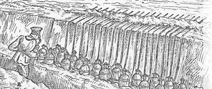 Sketch by Dr Rudolf Hanslian of the pressurized cylinders
	   containing liquid chlorine and dug into the bottom of a trench. The lead pipes attached to the cylinders would 
	   carry the liquid gas to the parapet of the German trench when the valves were opened. As soon as the liquid chlorine 
	   came into contact with the air it would turn to a gaseous substance.