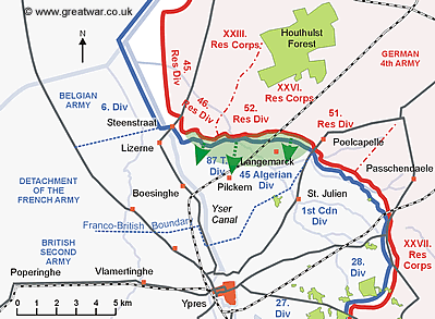 Map of the Ypres Salient showing the location of the poisonous gas cloud rolling across the French Front Line area on 22 April 1015.