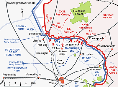Red arrows on the map of the Ypres Salient showing the German attack on 22 April.