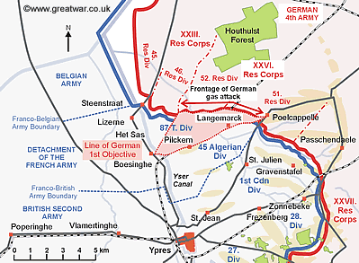 Map of the Ypres Salient showing the line of the German objective for an April attack.