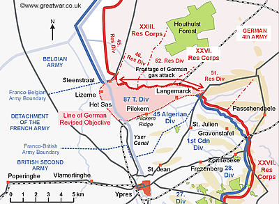 Map to show the German objective for the infantry attack following a surprise 
		gas cloud.