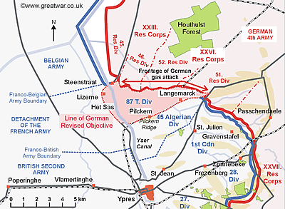 Map to show the German objective for the infantry attack following a surprise
gas cloud.