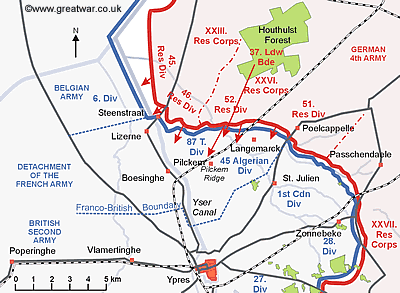 Map of the Ypres Salient to show the direction of the German attack and their reaching Pilckem.
