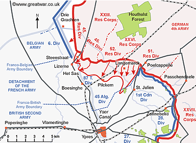 Map showing the German advance reaches the Ypres-Yser canal at Het Sas.