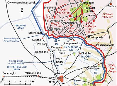 Map of the area in the north part of the Ypres Salient where the German troops were stood to and formed up for the attack on 14 to 15 April 1915.