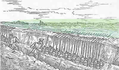 Sketch by Dr Rudolf Hanslian of the pressurized cylinders
	   containing liquid chlorine and dug into the bottom of a trench. The lead pipes attached to the cylinders would 
	   carry the liquid gas to the parapet of the German trench when the valves were opened. As soon as the liquid chlorine 
	   came into contact with the air it would turn to a gaseous substance.