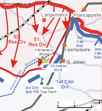 Map showing Kitcheners Wood and the location of the captured 
		four heavy guns of 2nd Battery Royal Garrison Artillery. 
