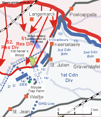 Map showing the battalion positions forming up for the counter-attack on Kitcheners Wood.