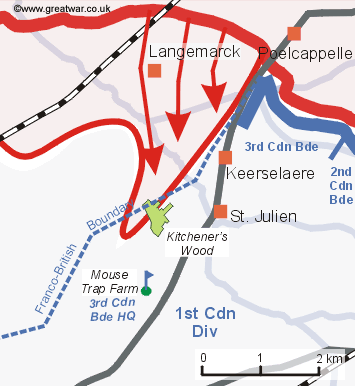 Map showing Kitchener's Wood and the German advance on 22 April 1915.
