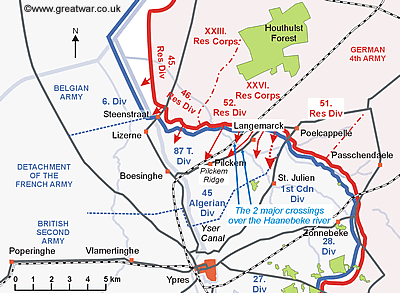 Map showing Langemarck captured and direction of German attack towards St. Julien.
