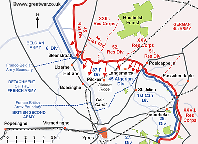 Map showing that the Allied front line was broken north of Ypres.