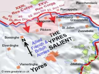 3D map of the Ypres Salient showing the German direction of attack on 22 April 1915, which was the start of the Second Battle of Ypres. 