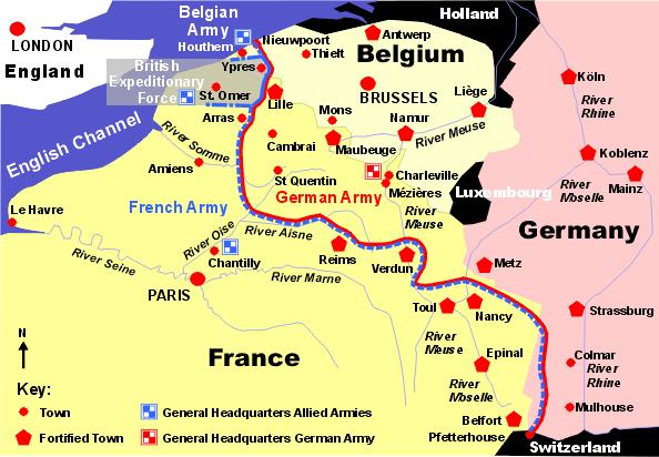 Map of the Western Front in April 1915 showing the length of battlefront held by the British Army.