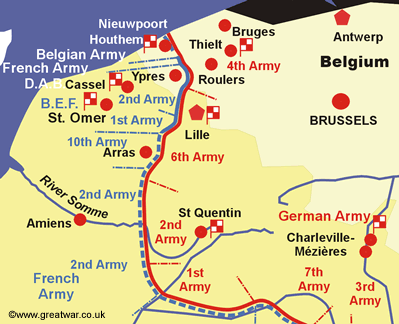 Map of the northern part of the Western Front showing the German 4th Army headquarters at Tielt in Belgium. 