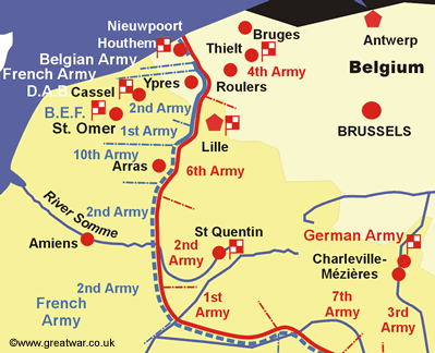 Map of the northern part of the Western Front showing the German 4th Army headquarters at Tielt in Belgium.