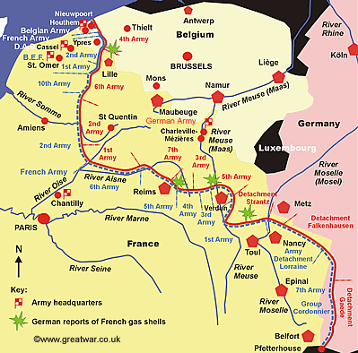 Map of the Western Front in early April 1915, showing the locations where the Germans claimed the Allies had used gas against the German troops.