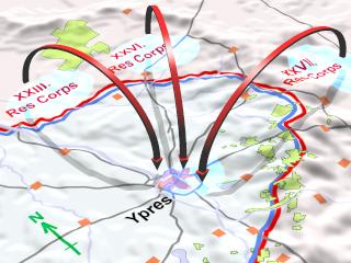 3D map showing the bombardment of the town of Ypres by the German heavy artillery from 17 Apri 1915.