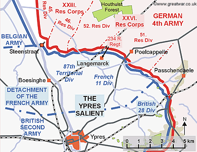Map showing the location of August Jaeger's 
		desertion to the French lines of 11th Division near Langemarck.