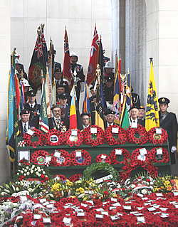 Poppy wreaths and Standards at the Menin Gate.