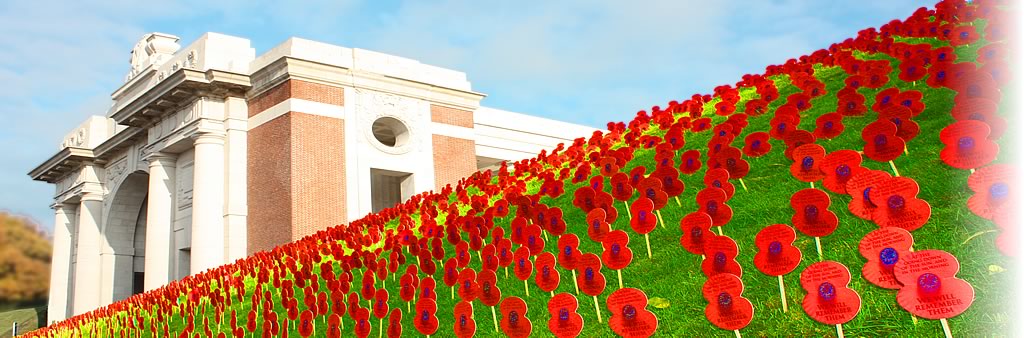 The Menin Gate, Ieper, with banks decorated with paper poppies.