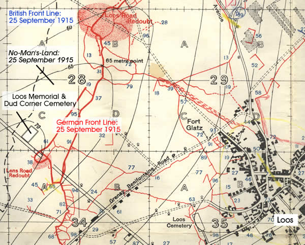 British Army trench map of the Loos battlefield, map 36C N.W. Sheet 3 and Part of 1, trenches corrected to 25 August 1915, scale 1:10,000. British Army trench map of Loos battlefield 36C N.W. Sheet 3 and Part of 1, trenches corrected to 25 August 1915.
