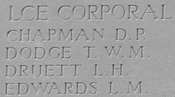 Names of four Lance Corporals on Panel 132 of the Loos Memorial. They served with the 1st/15th Battalion the London Regiment (Prince of Wales' Own Civil Service Rifles) in late 1915.